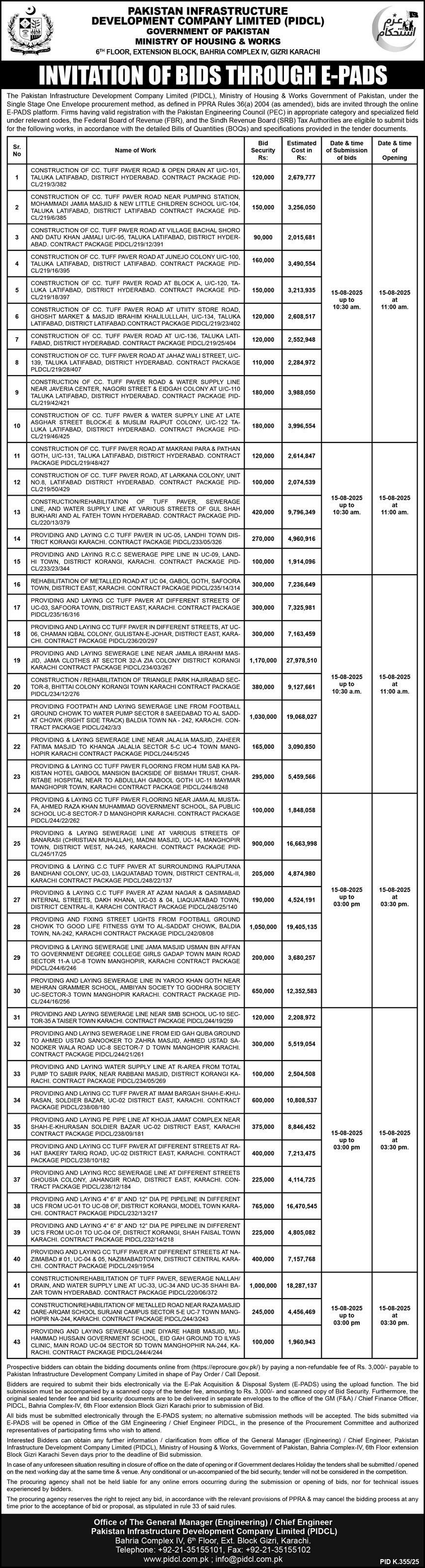 Ministry of Housing & Works Karachi Tender Notice